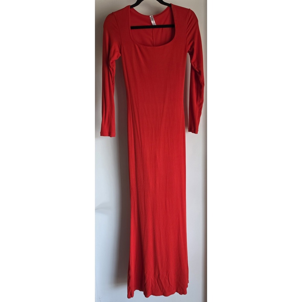 Popilush Red Ribbed Built-in Shapewear Maxi Dress L Long Sleeve Bodycon